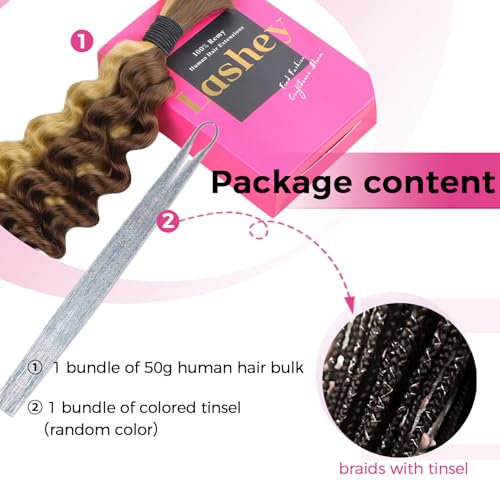 Lashey Human Braiding Hair Deep Wave 50g Bulk Human Hair for Braiding #4/27 Ash Brown Mix Honey Blonde 100% Virgin Hair Bulk No Weft Human Hair Extensions for Boho Braids 22 Inch