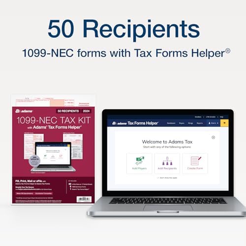 Adams 2024 1099 NEC Tax Forms, 4 Part 1099 Forms, Laser/Inkjet Forms for 50 Recipients, 6 1096 Forms, Access to Tax Forms Helper (1009319)