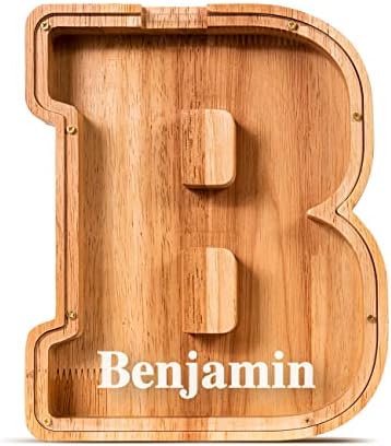 Summidate Customized Name Large Wooden Piggy Bank for Kids Boys Girls Alphabets Letter A-Z Coins Bills Money Change Bank Box Initial on Clear Cover (Laser Engraved) (Alphabet-B, Personalized-9")