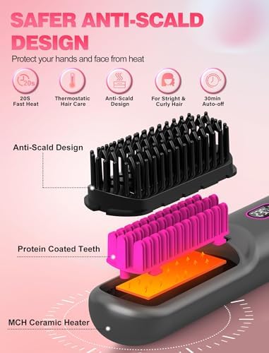 Cordless Hair Straightener Brush for Travel,Mini Hair Straightener Comb with Negative Ion,Portable hot Brush for Women, Rechargeable 9600mAh Battery, Anti-Scald,12 Temp-Setting