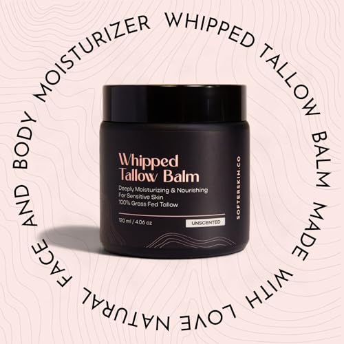 Beef Tallow for Skin (Unscented 4 oz) - Whipped Tallow Balm for Face and Body - Natural Moisturizer for Sensitive Dry Skin - Handmade Body Butter Lotion - 100% Grass-Fed - Gentle Skincare
