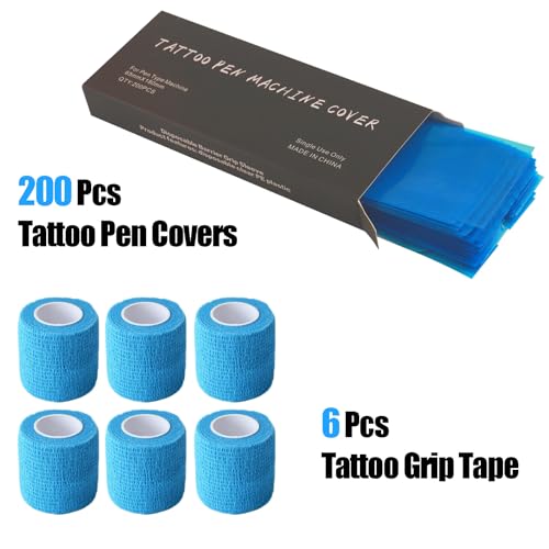 Tattoo Machine Cover Tape Wrap - MIUXIA 200Pcs Large Tattoo Pen Covers Blue and 6Pcs Tattoo Grip Wrap Combination Grip Tattoo Machine Covers Tattoo Tape Wrap Tattoo Supplies…