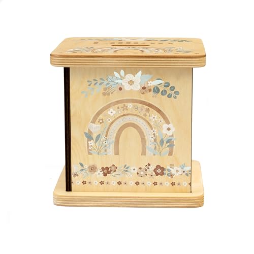 Wooden Piggy Bank for Kids and Adults, Personalized Gift Handmade in USA by BloomOwl, Custom Piggy Bank, Personalized Banks for Kids, Gifts for Baby Boys and Girls (Rainbow- Boho Floral)