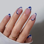 BTArtbox Press On Nails Short - Lamp-Curable Blue French Tip Almond Press On Nails with Glue for Women, Semi-Transparent Soft Gel Glue On Nails in 16 Sizes - 32 Stick On Nails Kit, Blue Blossom