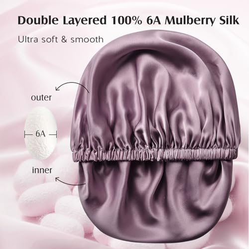 YFONG Double Layered 100% Silk Bonnet for Sleeping Women, 22 Momme Pure Mulberry Silk Sleep Cap with Adjustable Elastic Band Stay On Head，Reduce Frizz, Keep Hairstyle, Soft & Breathable, PlumPurple, M