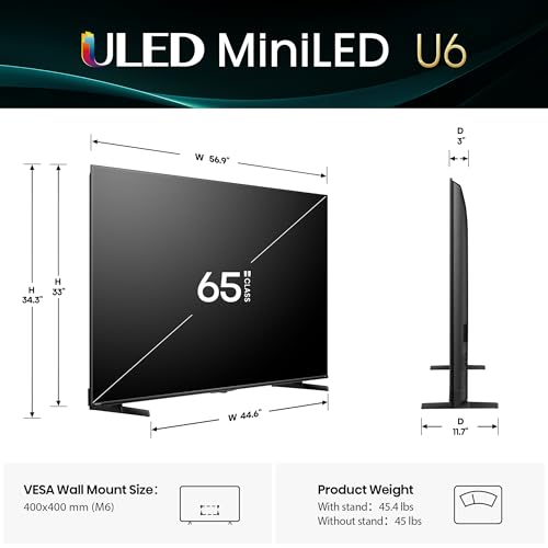 Hisense 65" Class U6 Series Best Value Mini-LED 4K UHD Smart Fire TV (65U65QF, 2025 Model) - QLED, Native 144Hz, HDR10+, Dolby Vision IQ, Dolby Atmos, Built-in Subwoofer, Game Mode Pro, Alexa Built In