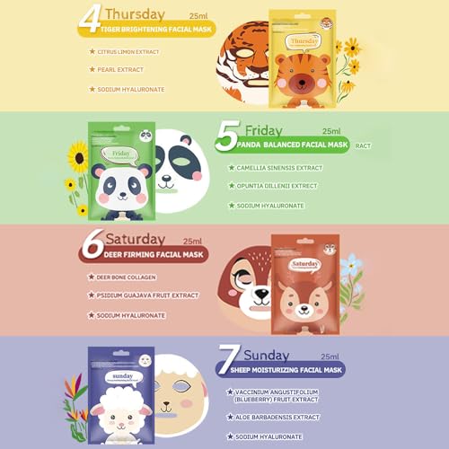 Kaely 7 Pack Animal Character Sheet Masks, Face Masks for Kids Teens Skin Care, Korean Soothe Facial Mask for All Skin Types, Girls Night Skincare Spa Party, Birthday Gifts for Women Men, Set01