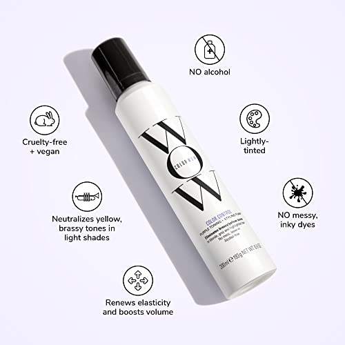 COLOR WOW Color Control Purple Toning + Styling Foam – Instantly rids Blonde & Gray hair of brassy, yellow tones, Alcohol free, crunch free styling