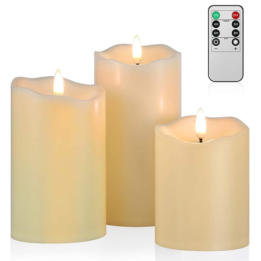 ANGELLOONG Flickering Flameless Candles, Realistic Battery Operated Candles with Remote and Timer, Set of 3 LED Candles for Fall Room Home Wedding Decor Centerpieces Table Party Christmas Decorations