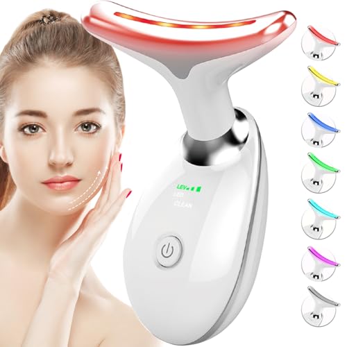Red-Light-Therapy-for-Face-and-Neck, 7 Color Face Massager Tool for Wrinkles, Double Chin, Vibrating Facial Massager with Thermals for Skin Care, Glossy White