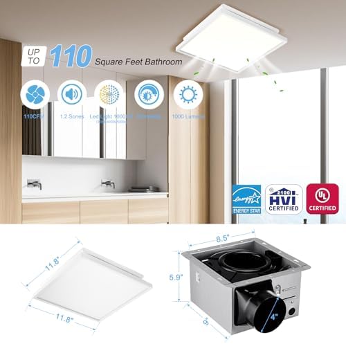 Tech Drive Bathroom Exhaust Fan with Light, 110 CFM, Super Quiet 1.2 Sone Bathroom Fan with Light,1000lm Dimmable 3CCT LED Light 3000K/4000K/5000K Selectable,Energy Star Ventilation Fan,White