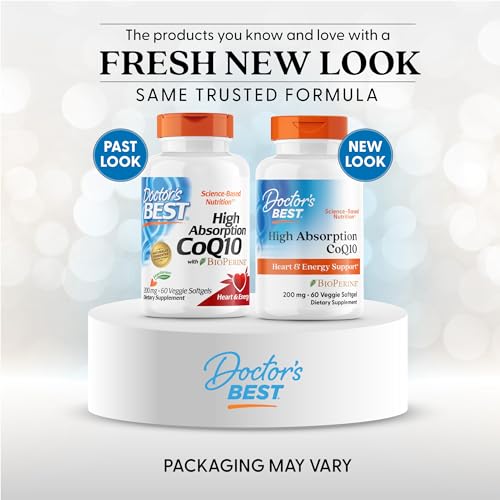 Doctor's Best High Absorption CoQ10 200mg with BioPerine Supplement - Coenzyme Q10 Softgels for Heart Health & Antioxidant Support, CoQ10 200 mg for Women & Men, Non GMO - 60 Veg Softgels