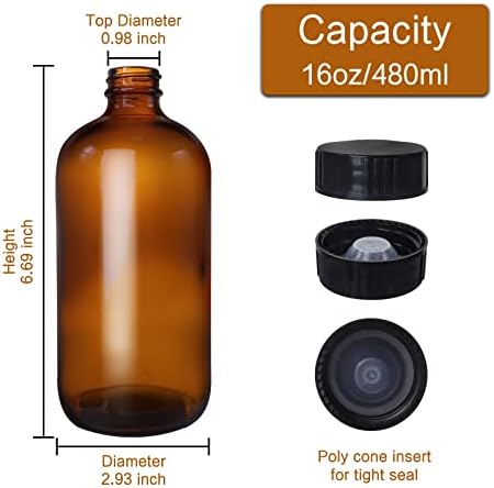 12 Pack 16 oz Amber Boston Round Glass Bottles with Black Caps for Secondary Kombucha Fermentation and Lab Chemicals (2 Funnels and 20 Pieces Black Chalkboard Labels Included)