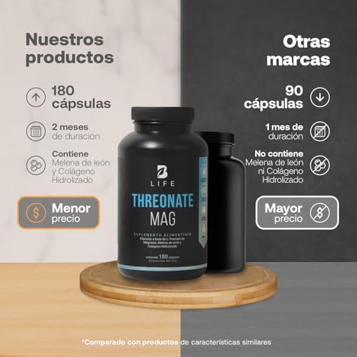 Threonate Mag 180 Cápsulas. Ingredientes Naturales: L Treonato de Magnesio, Melena de Leon y Colágeno Hidrolizado. L Threonate Mag B Life.