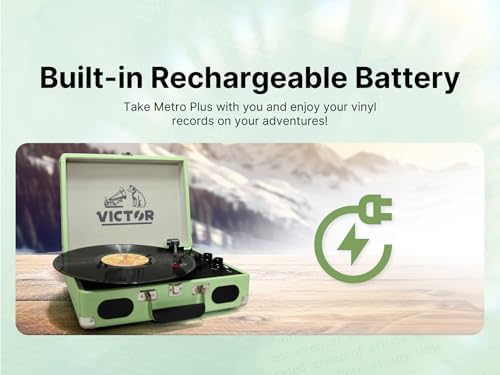 Victor Metro Plus Battery-Powered Bluetooth Suitcase Turntable | 3-Speed Vinyl Record Player with Built-in Stereo Speakers, Rechargeable Battery, RCA Output, Aux Input, and 45 RPM Adaptor, VSRP-850B