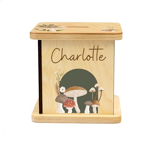 Wooden Piggy Bank for Kids and Adults, Personalized Gift Handmade in USA by BloomOwl, Custom Piggy Bank, Personalized Banks for Kids, Gifts for Baby Boys and Girls (Mushroom)