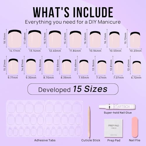 French Tip Press On Nails - BTArtbox Jelly Square Fake Nails with Nail Glue, Reusable Semi-Transparent Stick On Nails in 15 Sizes - 30PCS Soft Gel Glue On Nails Kit, Classic Black