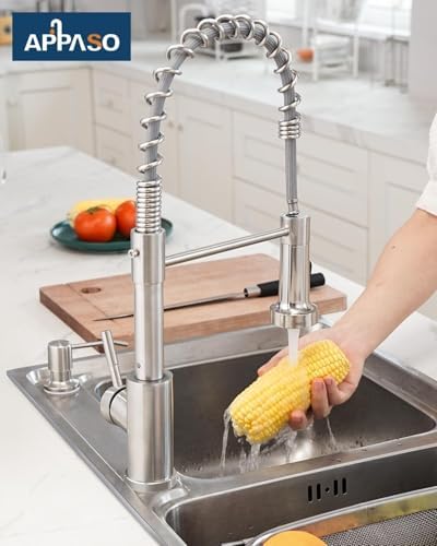 APPASO Kitchen Faucet with Soap Dispenser Brushed Nickel, Pull Down Commercial Single Handle High Arc Faucet for Sink, Stainless Steel Kitchen Faucet for Sink 2 or 4 Hole