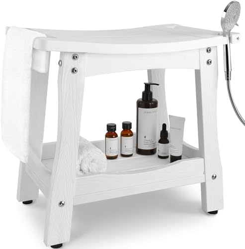 Y&M 2-Tier Bathroom Bench Shower with Waterproof Storage Shelf, HDPE Towel & Shower Head Shelves Curved Seat, Small Tub Chair for Shaving Legs Foot Stool, Bath, Spa, Indoor or Outdoor Use, White