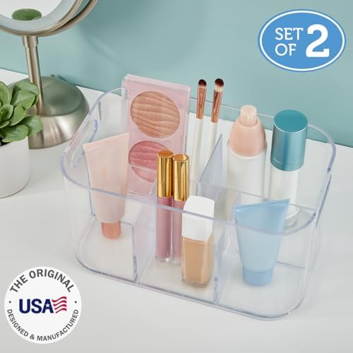 STORi Bliss 5-Compartment Plastic Cosmetics Storage Organizer, Set of 2 | Clear | Rectangular Divided Makeup Bin & Vanity Caddy with Pass-Through Handles | Round Corner Design | Made in USA