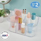 STORi Bliss 5-Compartment Plastic Cosmetics Storage Organizer, Set of 2 | Clear | Rectangular Divided Makeup Bin & Vanity Caddy with Pass-Through Handles | Round Corner Design | Made in USA