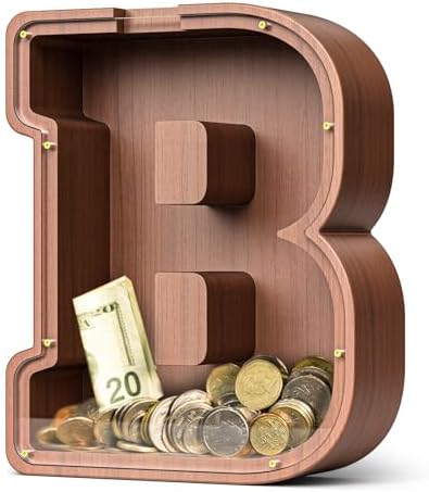 Summidate Wooden Letter Piggy Bank, Extra Thick Large Capacity Piggy Bank for Kids Boys Girls Toddler, Alphabet B Money Bank| Coin Box Birthday, Christmas, Festival
