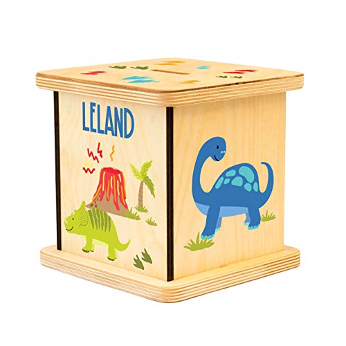 Wooden Piggy Bank for Kids and Adults, Personalized Gift Handmade in USA by BloomOwl, Custom Piggy Bank, Personalized Banks for Kids, Gifts for Baby Boys and Girls (Dinosaur- Fun)