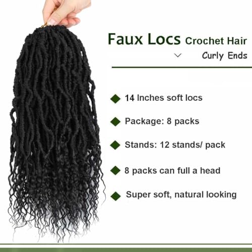 8 Packs Goddess Locs Crochet Hair 14 Inch Soft Locs Crochet Braids Curly Ends Boho Crochet Dreads Loc Hair for Women (14inch(pack of 8), 1B)
