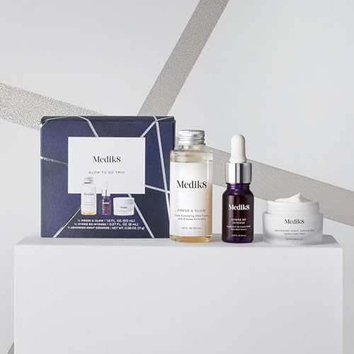 Medik8 Glow To Go Trio - Brightening Holiday Skin Care Gift Set - With Exfoliating PHA Toner, B5 Hyaluronic Acid Serum, and Advanced Ceramide Night Cream - Gift Set For Hydrated, Glowing Skin - 3 pc