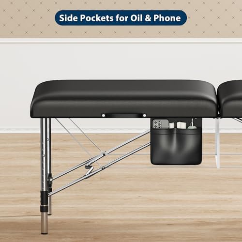 Brelley Massage Table Portable, 2-Fold Lash Bed with Side Pocket, Adjustable Height, Sturdy Aluminum Frame, Esthetician Spa Facial Bed, Tattoo Bed with Face Cradle & Carrying Bag, Black
