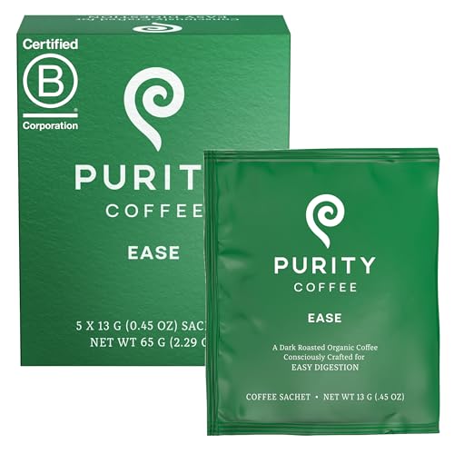 Purity Coffee EASE Dark Roast Low Acid Organic Coffee - USDA Certified Organic Specialty Grade Arabica Single-Serve Packets - Third Party Tested for Mold, Mycotoxins and Pesticides - 5 ct Box