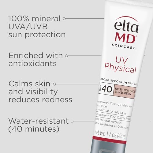 EltaMD UV Physical Rosy Tint Sunscreen for Face, SPF 40 Antixoidant Tinted Sunscreen, 100% Mineral Actives, 1.7 oz