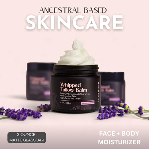 Beef Tallow for Skin (Vanilla Lavender 2 oz) - Whipped Tallow Balm for Face and Body - Natural Moisturizer for Sensitive Dry Skin - Handmade Body Butter - 100% Grass-Fed - Gentle Skincare