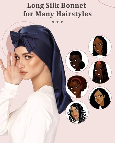 AWAYTR 100% Mulberry Silk Bonnet - Long Hair Cap for Sleeping Tie Band Bonnet for Braids Curly Hair