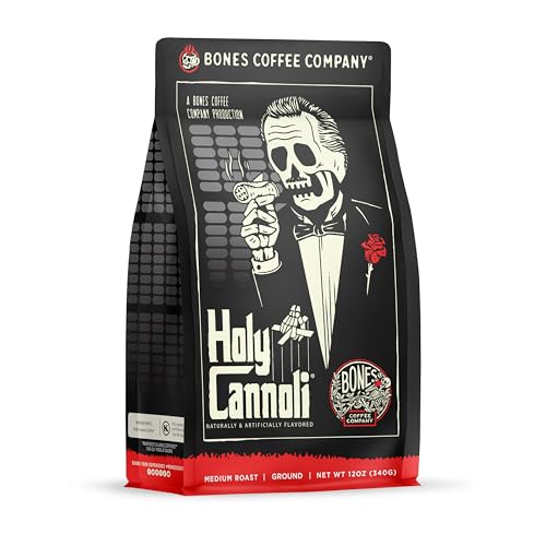 Bones Coffee Company Holy Cannoli Flavored Coffee Beans, Medium Roast Ground Coffee Low Acid, Cannoli Flavor (12 oz)