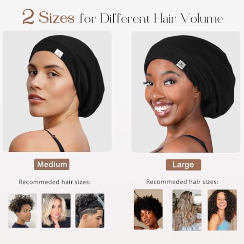 YANIBEST Silk Satin Bonnet Hair Wrap for Sleeping - Adjustable Stay on Silk Lined Slouchy Beanie Hat for Curly Hair and Braids Black-Wine