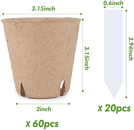 Homenote Peat Pots, 60 Pcs 3.15 Inch Seed Starting Pots with Drainage Holes Round Nursery Plants Pots with Bonus 20 Plant Lab