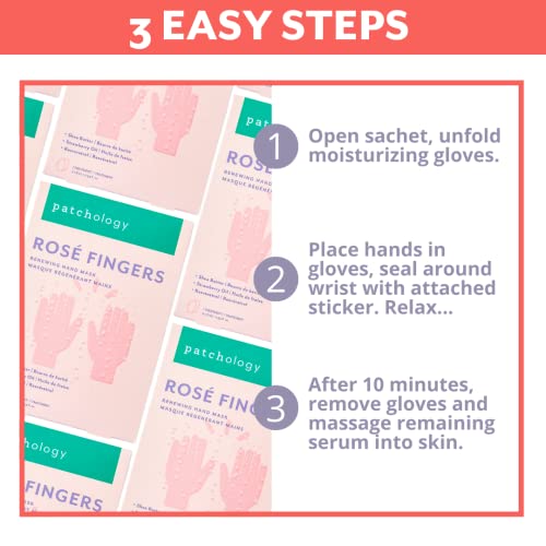 Patchology Rosé Fingers Renewing Hand Mask - Strawberry-Scented Moisturizing Gloves with Shea Butter for Dry & Cracked Hands, Repairing Hand Treatment for Baby Soft Skin, Self-Care Essential - 1 Pair