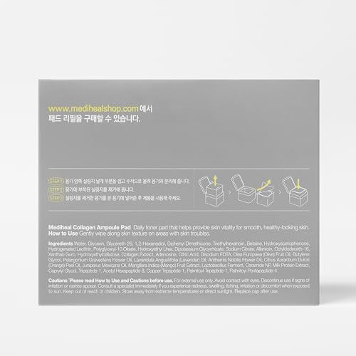 (Only Refill) Mediheal Collagen Ampoule Pad (100 Pads) - Cotton Facial Toner Pads for Skin Firming & Restore Elasticity - Vegan Eco Silk Pad