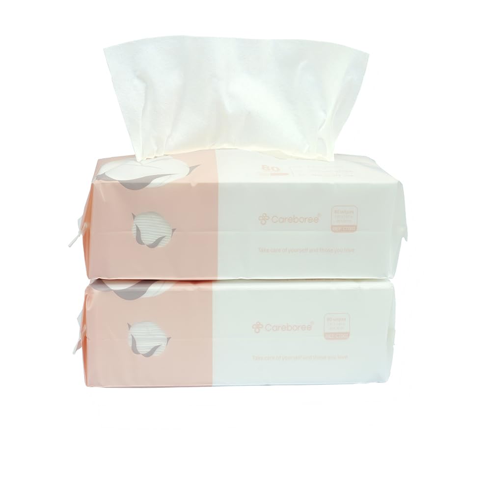 Careboree Extra Thick Dry Wipe, Disposable Face Drying Towel 100% Cotton, Lint-Free Cotton Tissues (2 Pack)