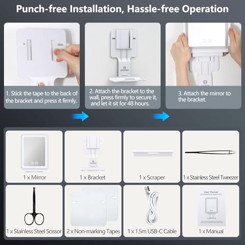 Heated Shower Mirror Fogless for Shaving, 3 Colors Stepless Dimmable Lights Fogless Mirror for Shower, Rechargeable Anti Fog Shaving Mirror with Razor Holder for Men, Light Memory Function, White
