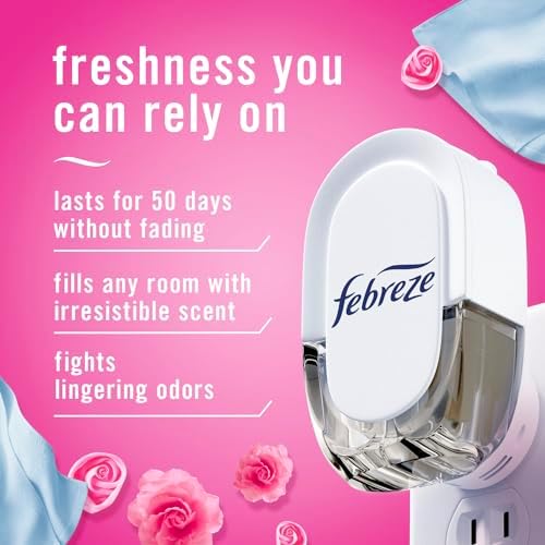 Febreze Plug In Air Freshener, Odor-Fighting Scented Oil Starter Kit, Air Fresheners for Home and Bathroom and Kitchen, Long Lasting for Strong Odors, Downy April Fresh Scent, Warmer + 2 Refill
