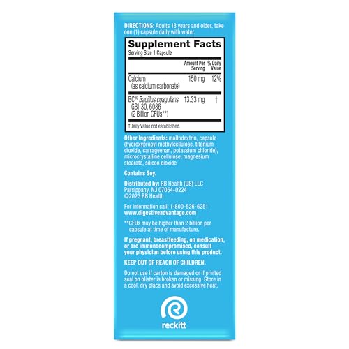 Daily Probiotic Capsule - Digestive Advantage 30 Capsules, Survives 100x Better, Lessens Bloating, Calcium, Promotes Digestive Health and Gut Flora, multi