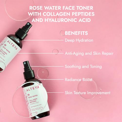 Alteya Organics Rose Water Face Toner with Collagen Peptides and Hyaluronic Acid - 4 Fl Oz/ 120mL