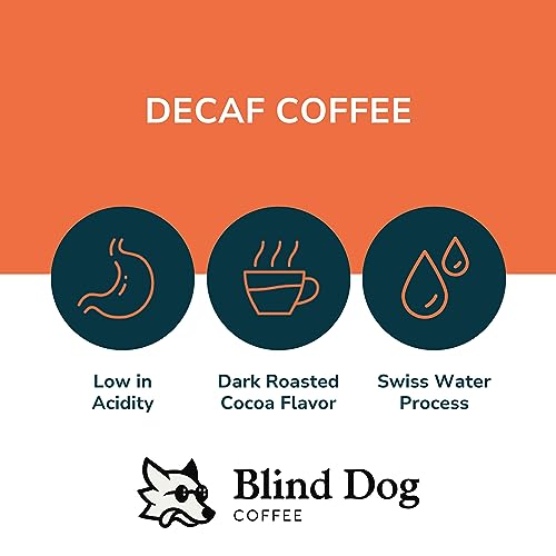 Blind Dog Coffee - 12 Oz Ground Decaf Coffee - Medium Roast - Low Acid Coffee - Swiss Water Process Decaffeinated Coffee with Notes of Cocoa, Marshmallow and Black tea