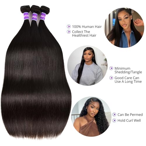 Brazilian Hair Straight Wave 3 Bundles Human Hair 10A Grade Unprocessed Virgin Remy Hair Bundles 24 26 28 Inch Silk Straight Hair Bundles Human Hair Weave Bundles Hair Extensions Double Weft