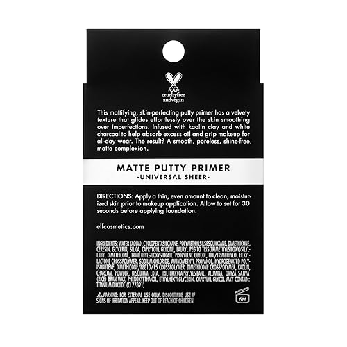 e.l.f. Matte Putty Primer, Skin Perfecting, Lightweight, Oil-free formula, Mattifies, Absorbs Excess Oil, Fills in Pores and Fine Lines, Soft, Matte Finish, All-Day Wear, 0.74 Oz