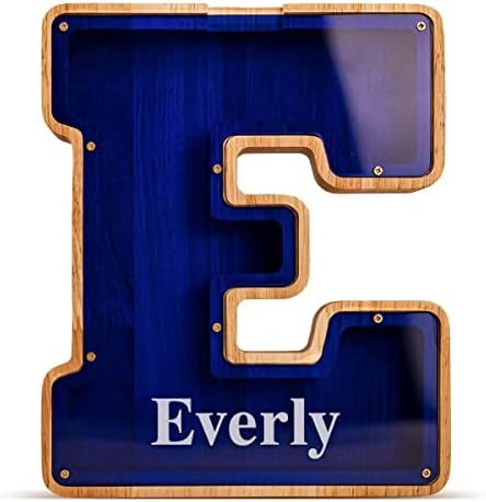 Summidate Customized Name Large Wooden Piggy Bank for Kids Boys Girls Alphabets Letter A-Z Coins Bills Money Change Bank Box Initial on Clear Cover (Laser Engraved) (Alphabet-B, Personalized-9")