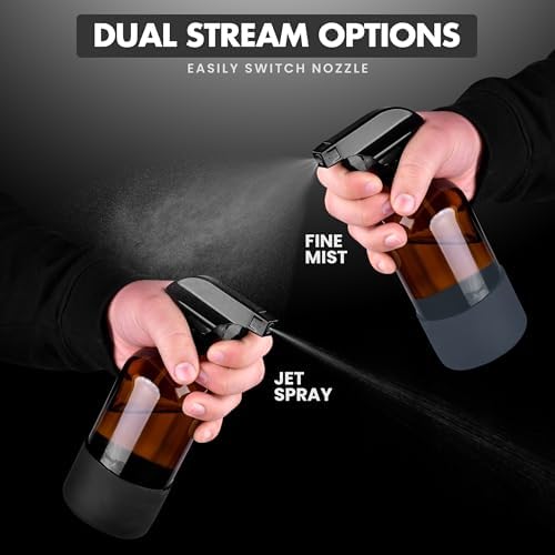 16oz Empty Glass Spray Bottle with Silicone Sleeve Protection - Refillable Containers for Cleaning Solutions, Essential Oils, Misting Plants - Including 3 Sprayers (Amber, 2 PACK)