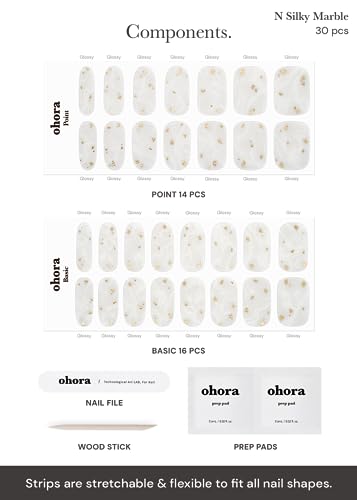 ohora Semi Cured Gel Nail Strips (N Silky Marble) - White, Patterned, Works with UV/LED Lamps, Salon-Quality, Easy to Apply & Remove - Valentine's Day Gel Nail Wraps, Stickers, Romantic Gift Ideas
